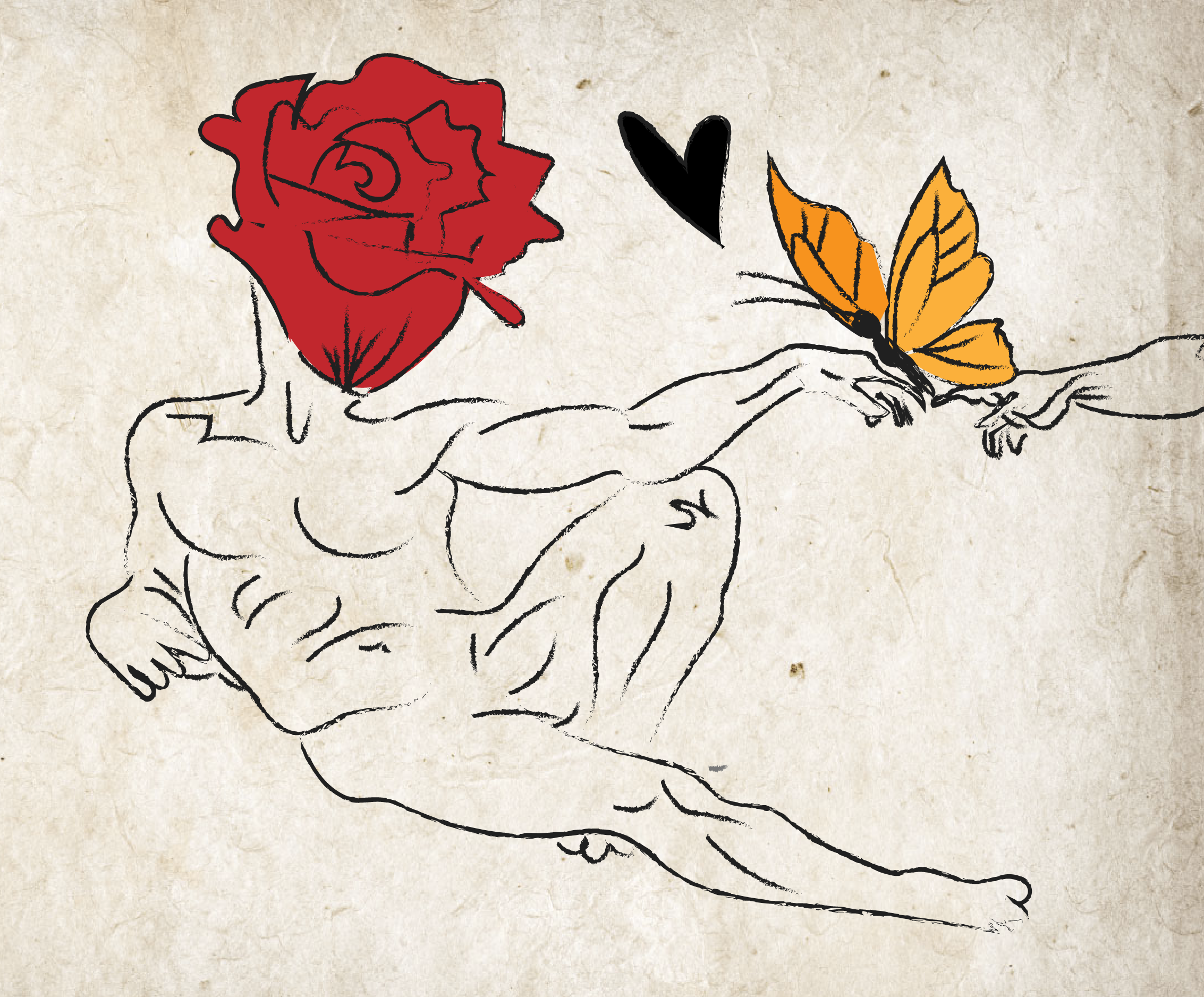creation of adam illustration with rose and butterflies