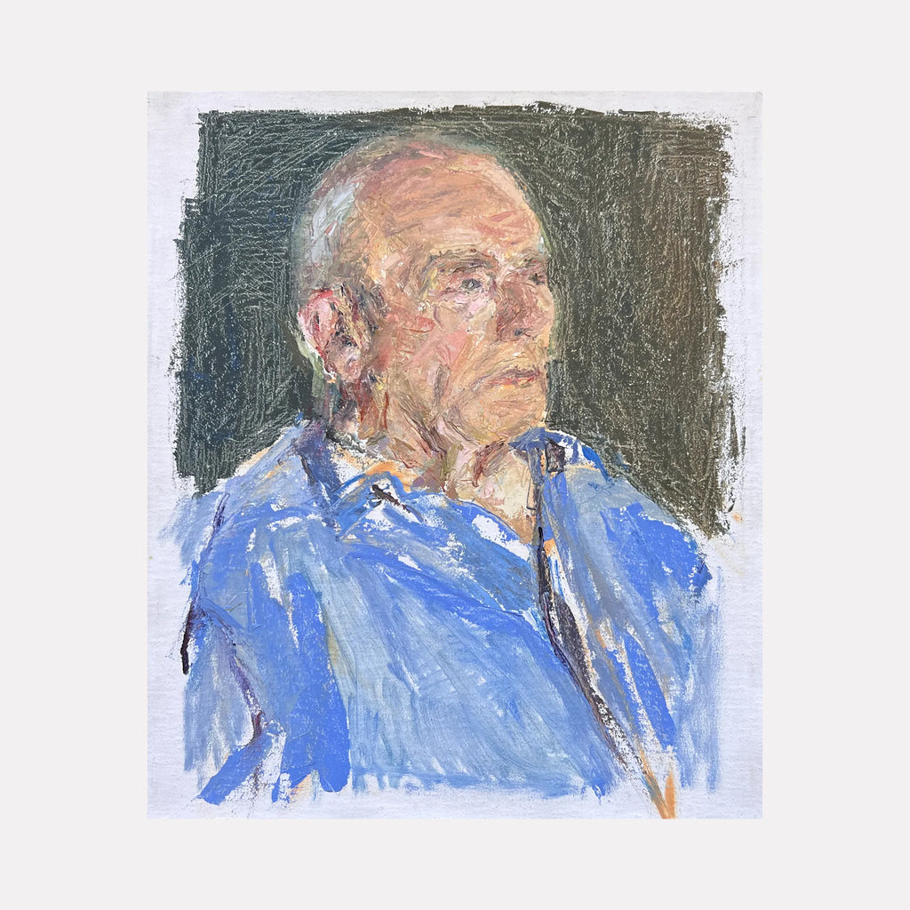 The artwork "Andy's Head" by Catherine Webb depicts an elderly man with a contemplative expression, painted with loose, textured brushstrokes in cool blues and warm flesh tones. The layered, impressionistic style echoes the intimate portraits of Lucian Freud and the raw emotional depth found in Alice Neel’s figurative work.