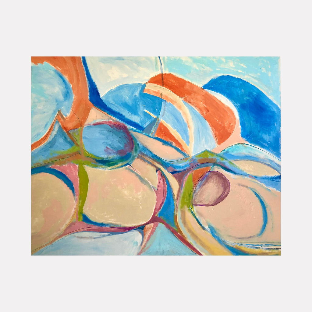 The artwork 'Untitled' by Beth Barry features fluid, abstract curves in vibrant blues and coral oranges, with soft pink and beige undertones. Dynamic circular forms flow across the canvas, creating a harmonious composition of interlocking organic shapes. The brushwork is loose and expressive, with airy textures in acrylic paint by Beth Barry.
