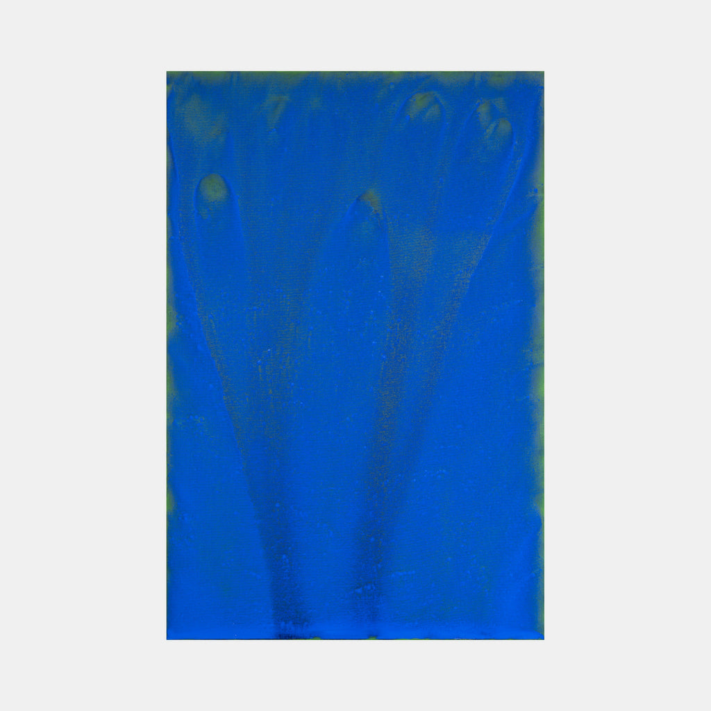 The artwork 'Biophilia 27' by George Stanojevic features a striking abstract composition dominated by vibrant electric blue tones with subtle green undertones. Natural elements create vertical streaks and organic patterns across the canvas, showcasing the unique interaction between pigments and environmental elements. The texture appears fluid and ethereal, creating a sense of depth and movement.