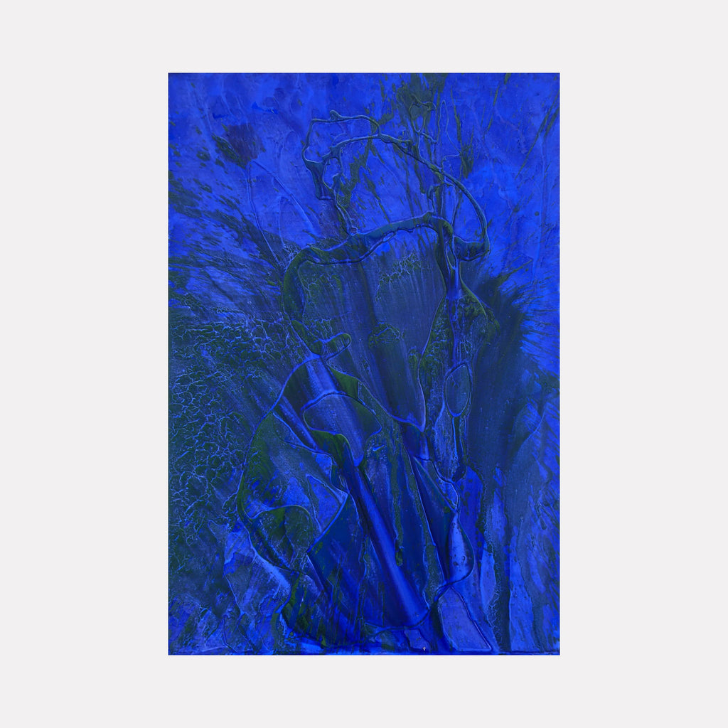 Biophilia 7 by George Stanojevic features deep cobalt blue abstract composition with dynamic brushstrokes and textural elements, showcasing organic flowing patterns reminiscent of natural forms. Dark indigo undertones create depth while lighter blue highlights suggest movement across the canvas. Natural elements and pigments interact to create dramatic surface variations.