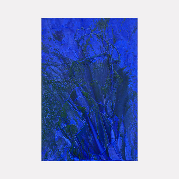 Biophilia 7 by George Stanojevic features deep cobalt blue abstract composition with dynamic brushstrokes and textural elements, showcasing organic flowing patterns reminiscent of natural forms. Dark indigo undertones create depth while lighter blue highlights suggest movement across the canvas. Natural elements and pigments interact to create dramatic surface variations.