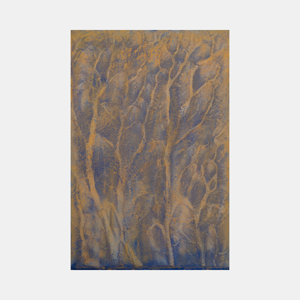 The artwork 'Biophilia 10' by George Stanojevic features ethereal vertical patterns reminiscent of tree forms in muted gold and blue tones. Natural elements create organic textures through the interaction of pigments, water, and sunlight on canvas, producing a dreamlike forest-like composition with flowing, abstract patterns that evoke a mystical woodland atmosphere.