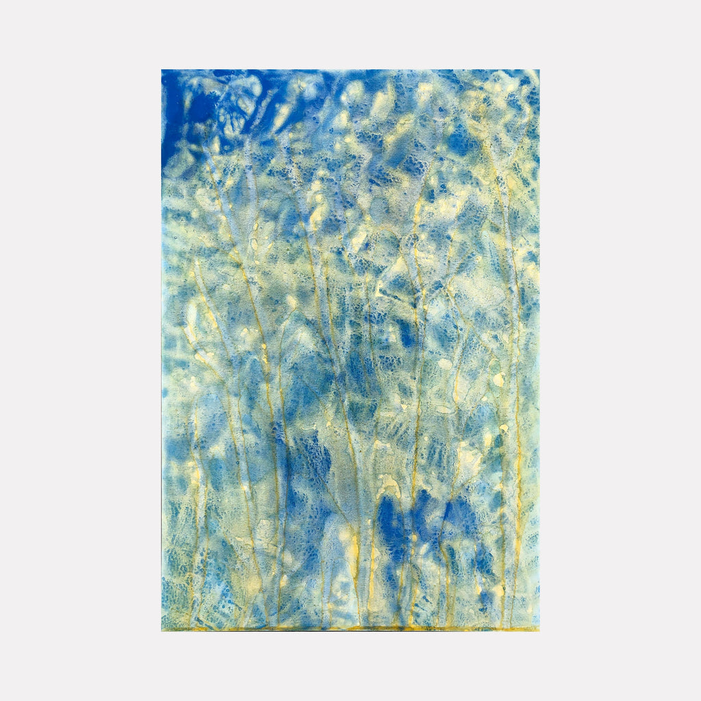 The artwork 'Biophilia 12' by George Stanojevic features ethereal abstract patterns in vibrant azure blues and soft yellow hues, creating a watercolor-like effect. Natural textures and organic movements evoke underwater scenes, with light filtering through layers of pigment. The experimental technique showcases the interplay of sunlight and water on canvas. By George Stanojevic.