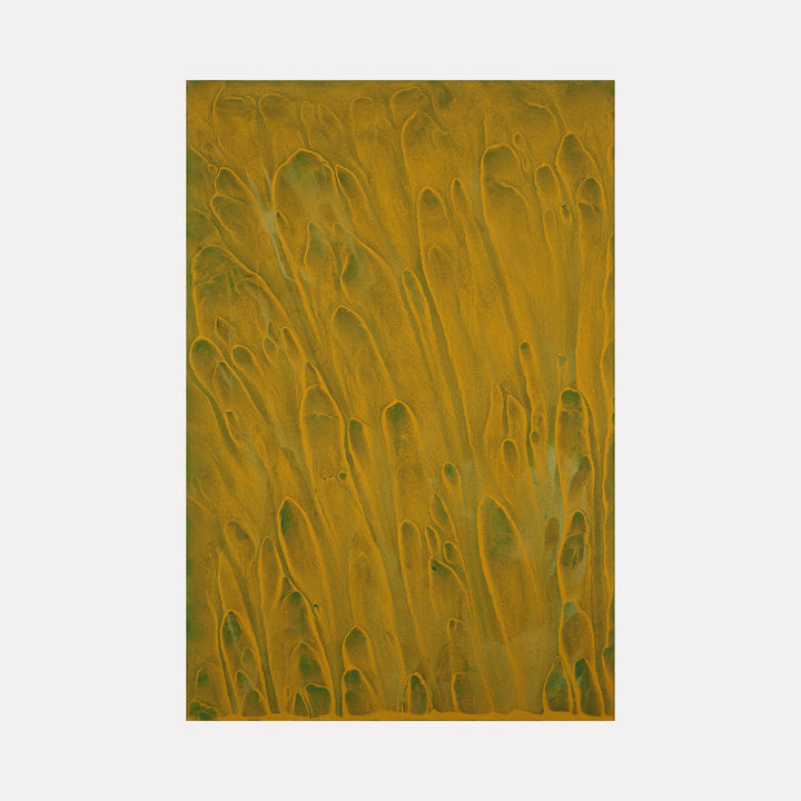 The artwork 'Biophilia 14' by George Stanojevic features flowing organic patterns in rich golden ochre tones with deep green undertones. Abstract textural elements resemble elongated natural forms, creating a dynamic vertical movement across the canvas. The pigments interact naturally with environmental elements, producing unique textural variations and depth.