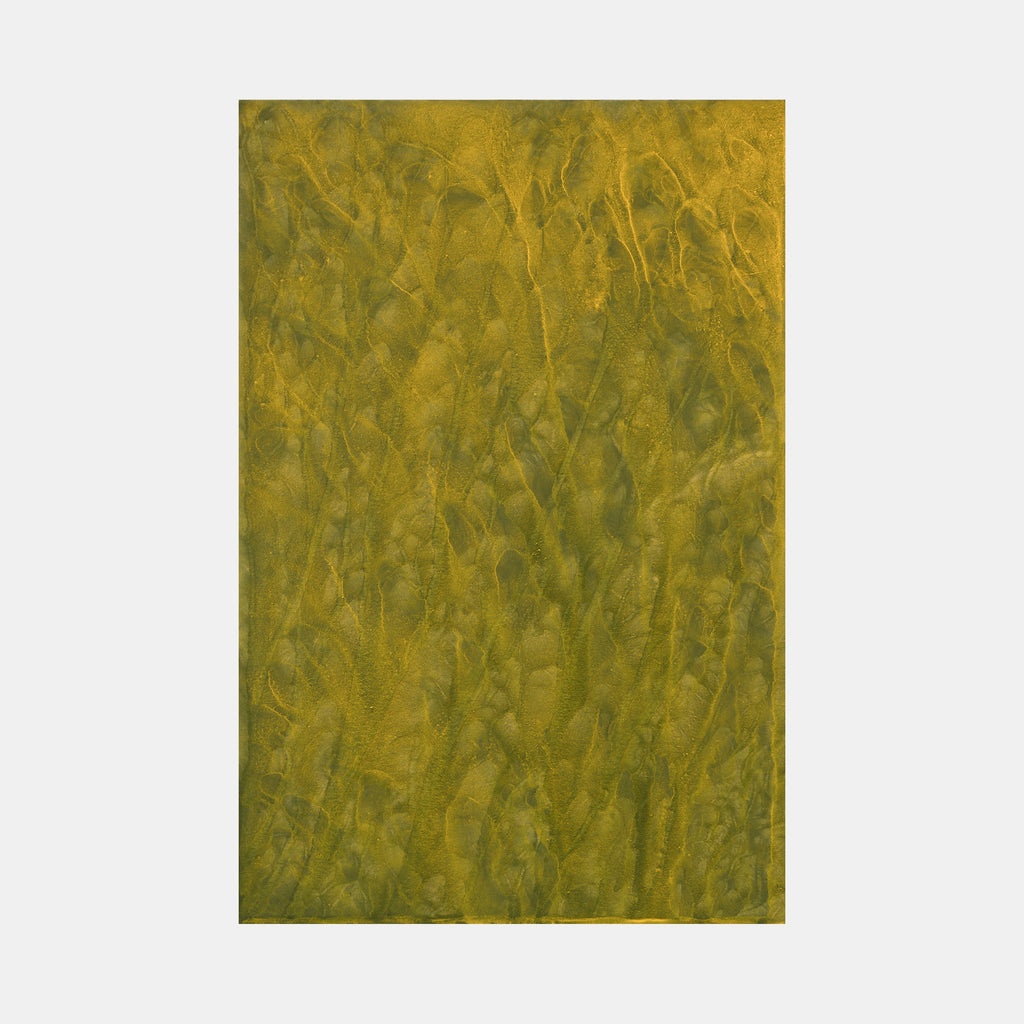 The artwork 'Biophilia 17' by George Stanojevic features organic textures in olive and golden hues, creating a natural, rippling effect across the canvas. The abstract composition shows fluid, wavelike patterns reminiscent of wind-swept grass or water reflections, achieved through the interplay of pigments and environmental elements on canvas.