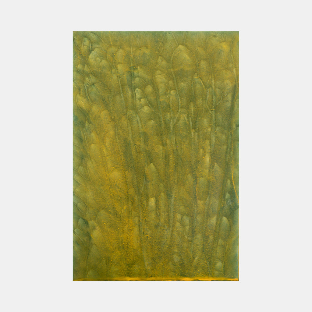 The artwork 'Biophilia 18' by George Stanojevic features a textural abstract composition in olive green and golden yellow hues, reminiscent of tall grass or natural vegetation. Vertical brushstrokes create a rhythmic pattern across the canvas, with organic forms blending and merging, showcasing the natural influence of environmental elements on the pigments.