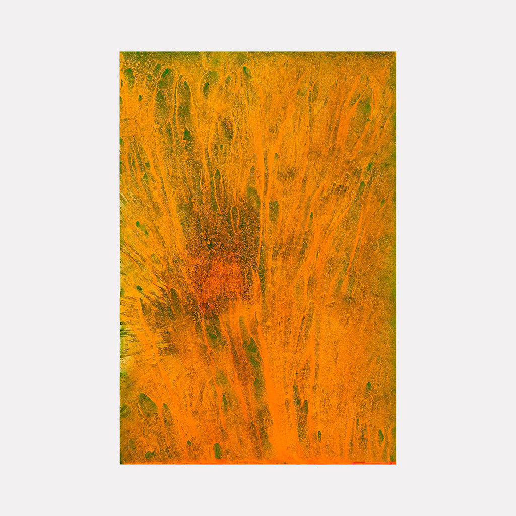 The artwork 'Biophilia 1' by George Stanojevic features a vibrant abstract composition dominated by intense orange hues with dynamic green streaks. Natural elements create expressive vertical patterns resembling organic movement, while textural variations suggest environmental influences. The artwork exhibits a raw, elemental quality through its use of pigments and natural mediums on canvas by George Stanojevic.