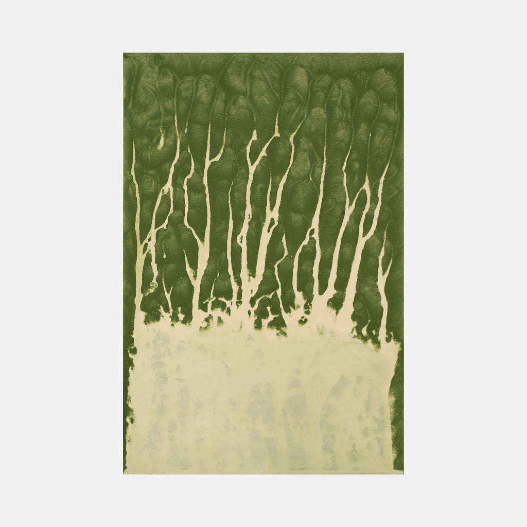 The artwork 'Biophilia 22' by George Stanojevic features organic vertical streaks in cream white rising against a deep forest green background, creating a natural pattern reminiscent of growing stems or rain trails. The abstract composition demonstrates the interplay of natural elements on canvas, with textural variations and fluid transitions between colors.