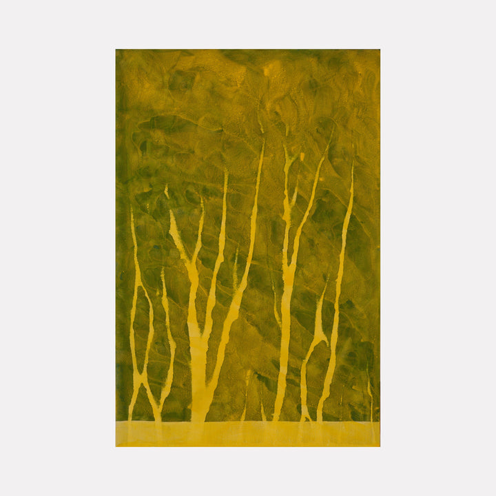 Biophilia 2 by George Stanojevic features ethereal golden tree silhouettes against a rich olive background, created through natural elements on canvas. Slender branches reach upward in a minimalist style, showcasing organic forms and textural depth achieved through pigments and environmental influences.
