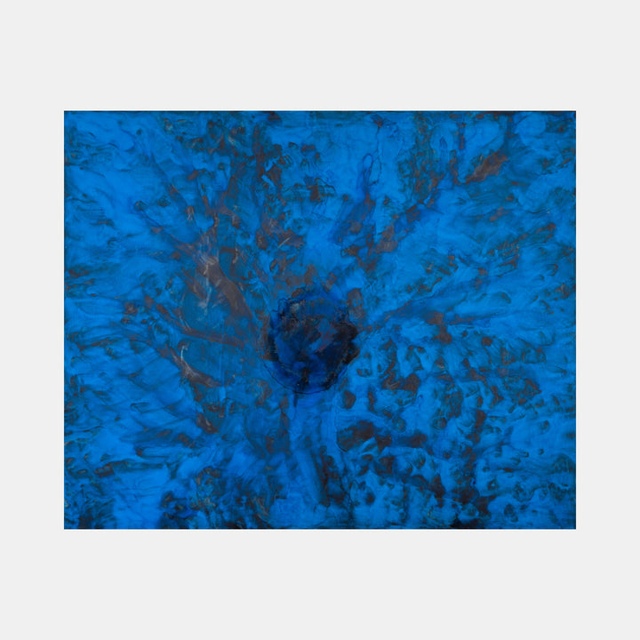 Biophilia 32 by George Stanojevic features an abstract composition dominated by vibrant electric blue tones with darker organic patterns. The artwork presents a radial burst effect, with textural elements spreading from a central dark core, creating a dynamic interplay of light and shadow. Natural elements appear to flow across the canvas, reminiscent of water patterns or celestial phenomena by George Stanojevic.