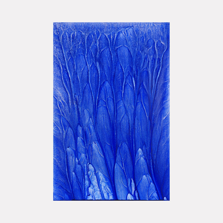 The artwork 'Biophilia 41' by George Stanojevic features vibrant cobalt blue textures resembling organic flowing patterns. Abstract vertical streaks create a nature-inspired movement, with varying shades of blue creating depth and dimension. The textured surface shows the interplay of pigments and natural elements on canvas.