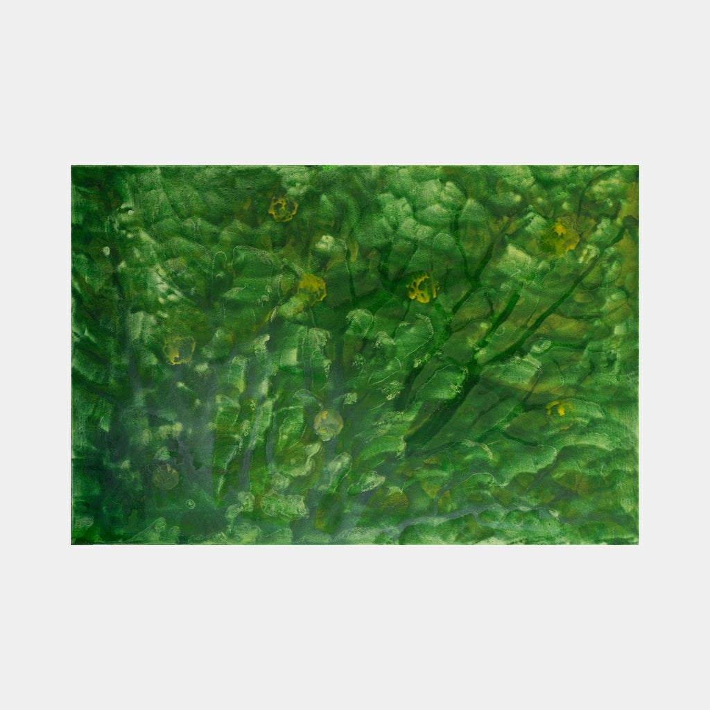 The artwork 'Biophilia 5' by George Stanojevic features a vibrant abstract composition dominated by lush emerald green tones. Organic textures reminiscent of underwater flora create a dynamic surface, with subtle golden highlights scattered throughout. The natural pigments and mediums interact to form layered, translucent effects suggesting botanical patterns.