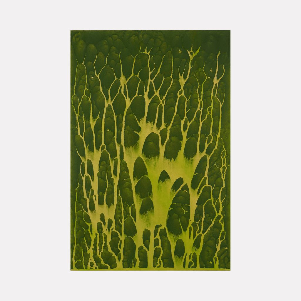 The artwork 'Biophilia 6' by George Stanojevic features organic branching patterns in luminous yellow against a deep forest green background, resembling ethereal tree branches or neural networks. The natural flow creates a mesmerizing vertical composition, with delicate tendrils spreading upward like botanical synapses, achieved through unique pigment interaction with natural elements.