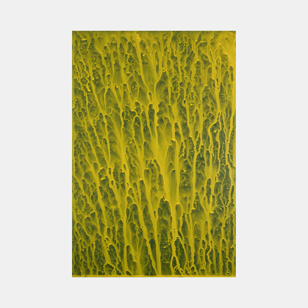 The artwork 'Biophilia 9' by George Stanojevic features a mesmerizing abstract pattern of vertical chartreuse streaks cascading downward, creating an organic texture reminiscent of forest lichen or natural water patterns. The vibrant yellow-green pigments blend with darker undertones, showcasing the natural influence of environmental elements on canvas.