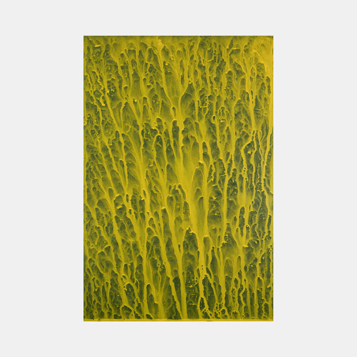 The artwork 'Biophilia 9' by George Stanojevic features a mesmerizing abstract pattern of vertical chartreuse streaks cascading downward, creating an organic texture reminiscent of forest lichen or natural water patterns. The vibrant yellow-green pigments blend with darker undertones, showcasing the natural influence of environmental elements on canvas.