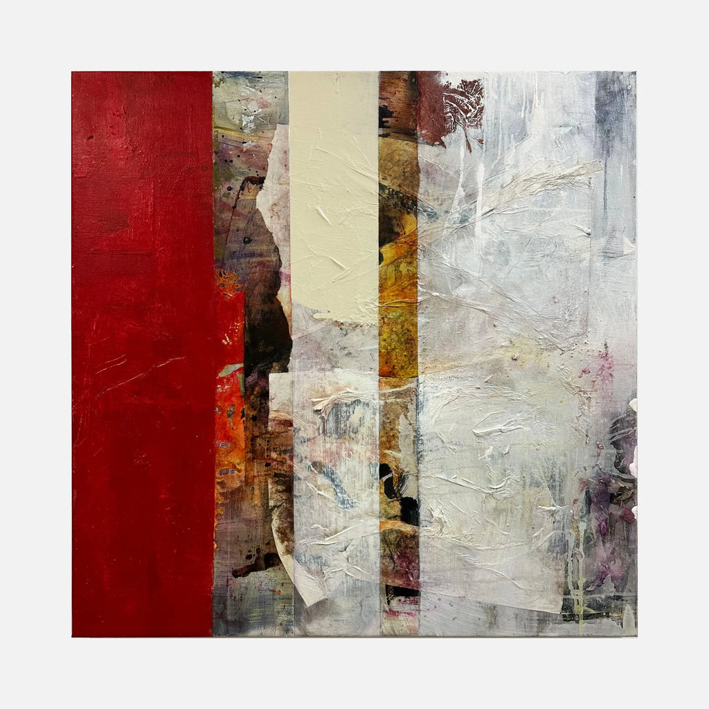 The artwork "DO NOT SAY A WORD" features a textured abstract composition with vertical bands of deep red, muted beige, and mixed earth tones, blending with layered whites and grays creating depth and complexity. Various rough textures and overlapping shapes evoke a dynamic, contemplative atmosphere. By Barbara Groh.