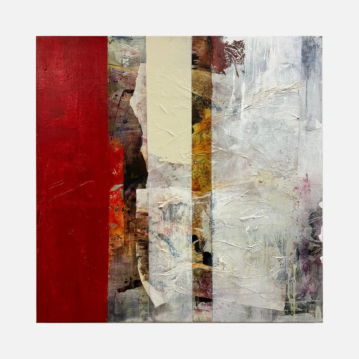 The artwork "DO NOT SAY A WORD" features a textured abstract composition with vertical bands of deep red, muted beige, and mixed earth tones, blending with layered whites and grays creating depth and complexity. Various rough textures and overlapping shapes evoke a dynamic, contemplative atmosphere. By Barbara Groh.