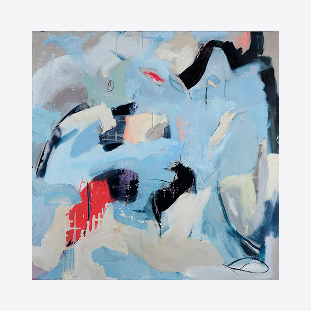 The artwork 'Drift' by Gail Winbury features dynamic abstract expressionism with bold brushstrokes in light blue, red, and black. Fluid movements create a sense of motion across the linen canvas, with textural elements achieved through oil paint, graphite, and charcoal. Ethereal passages of pale cream interweave with gestural marks and organic shapes, suggesting a floating, dreamlike quality. By Gail Winbury.