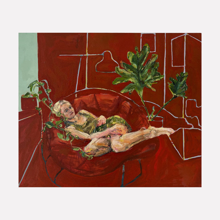 The artwork "Elaina and Plants, Resting" by Catherine Webb depicts a reclining figure surrounded by lush green plants in a vibrant, warm-red interior. The bold use of simplified forms and expressive brushstrokes evokes the intimate figurative paintings of Alice Neel and the structural abstraction reminiscent of Henri Matisse’s interior scenes.