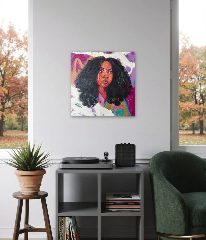 The artwork, Don't Keep Me Waiting, by Chanelle René, displayed in a room.