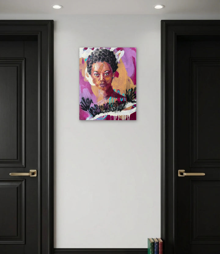 The artwork, Seeking You, by Chanelle René, displayed in a room.