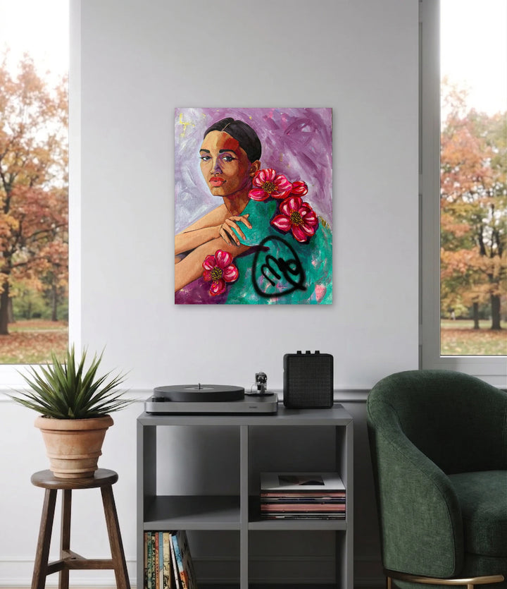 The artwork, A Beautiful Mess, by Chanelle René, displayed in a room.