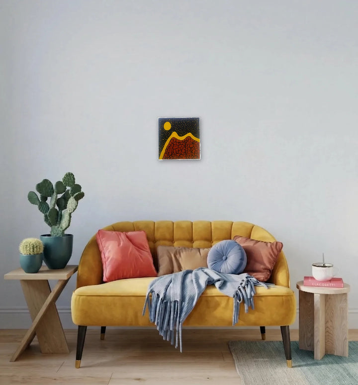 The artwork, Mountain Moon Road, by Sunny Chapman, displayed in a room.