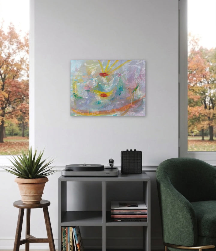 The artwork, Double Sunrise, by Amy Decker, displayed in a room.