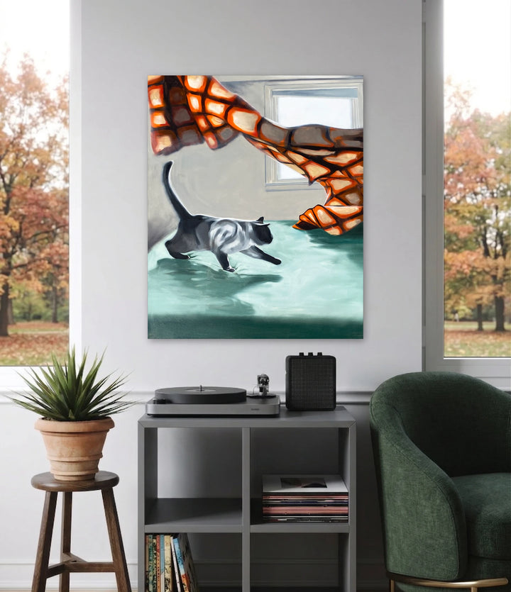 The artwork, At Least You Made Your Bed Today., by Jessica Preble, displayed in a room.