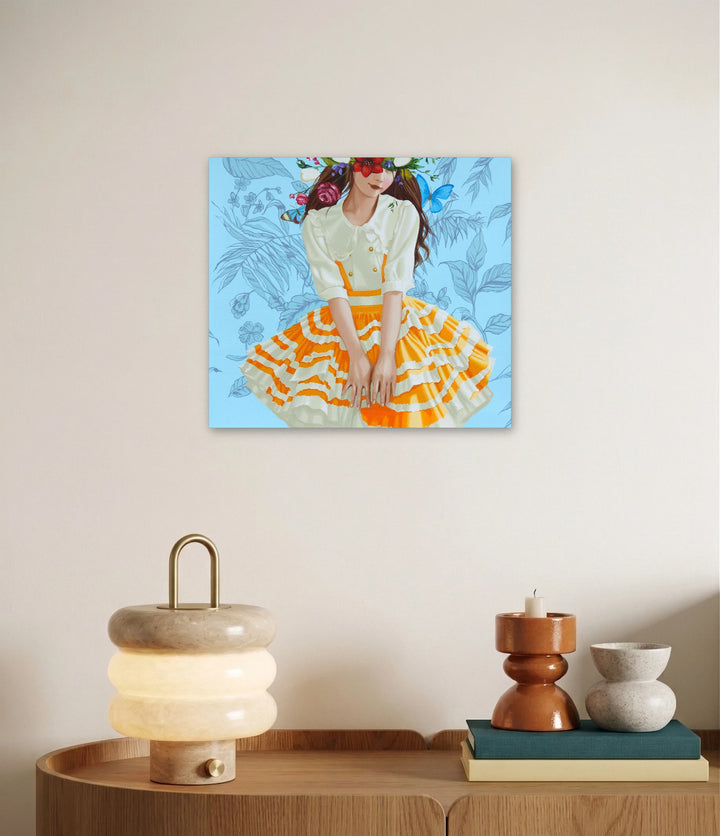 The artwork, Dancing in the Garden, by Carlos Gamez de Francisco, displayed in a room.