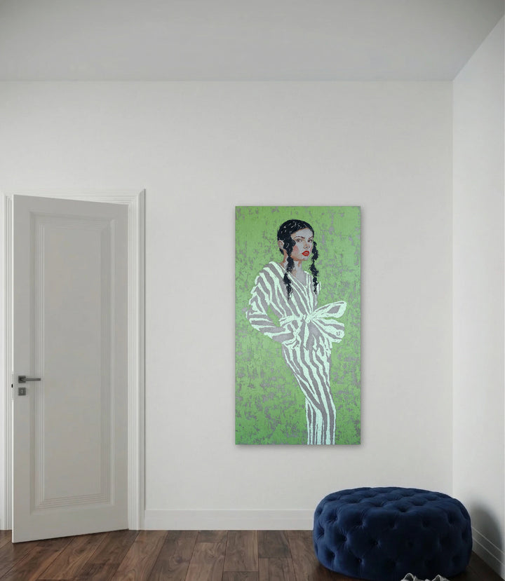 The artwork, Green Fashion, by Carlos Gamez de Francisco, displayed in a room.