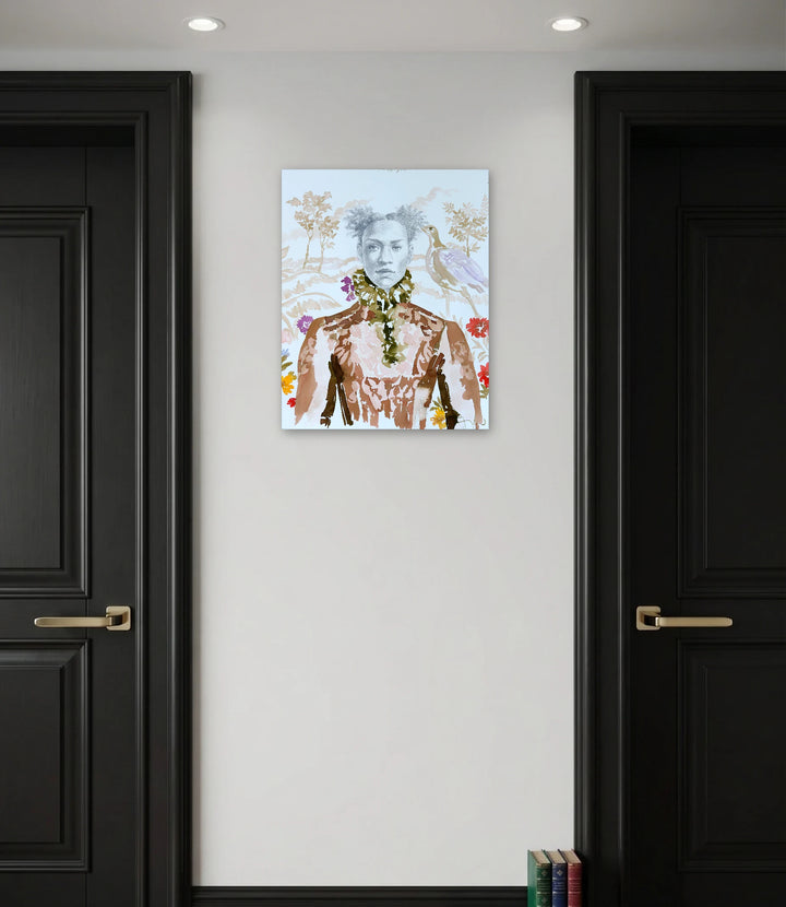 The artwork, Renaissance Portrait, by Carlos Gamez de Francisco, displayed in a room.