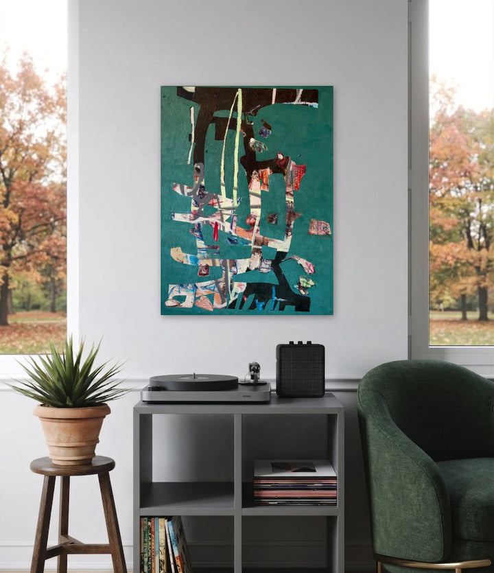 The artwork, Checkmate, by John Goetz, displayed in a room.
