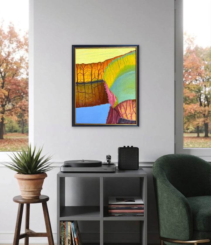 The artwork, Victoria Amazonica, by Connie Falk, displayed in a room.