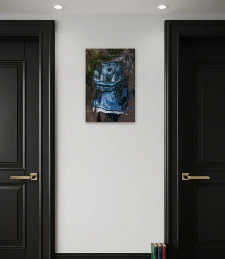 The artwork, Blue Totem, by Dolores Lusitana, displayed in a room.
