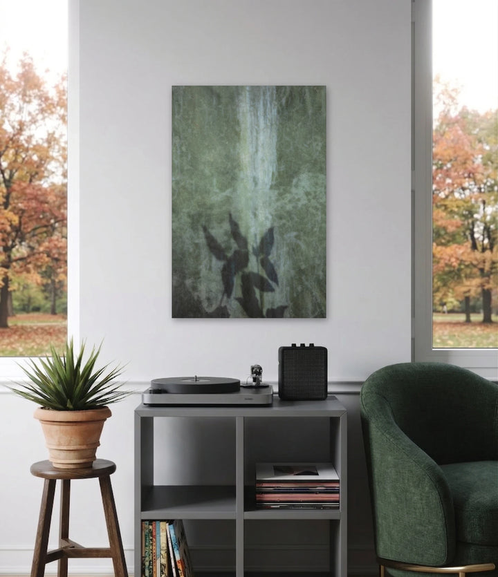 The artwork, Waterfall, by Dolores Lusitana, displayed in a room.