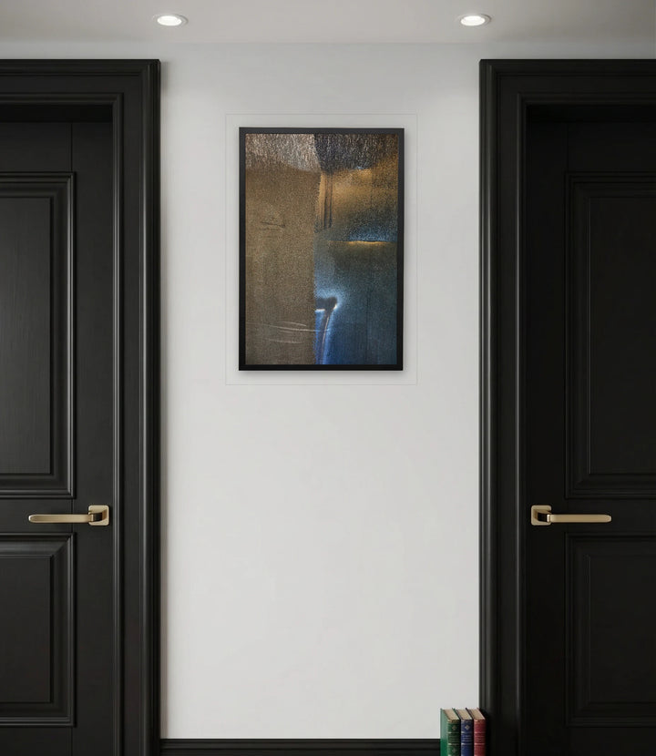 The artwork, Smirking Buddha, by Dolores Lusitana, displayed in a room.