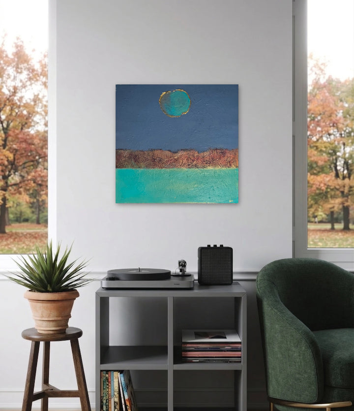The artwork, Evening Measured, by Stella Michaels, displayed in a room.