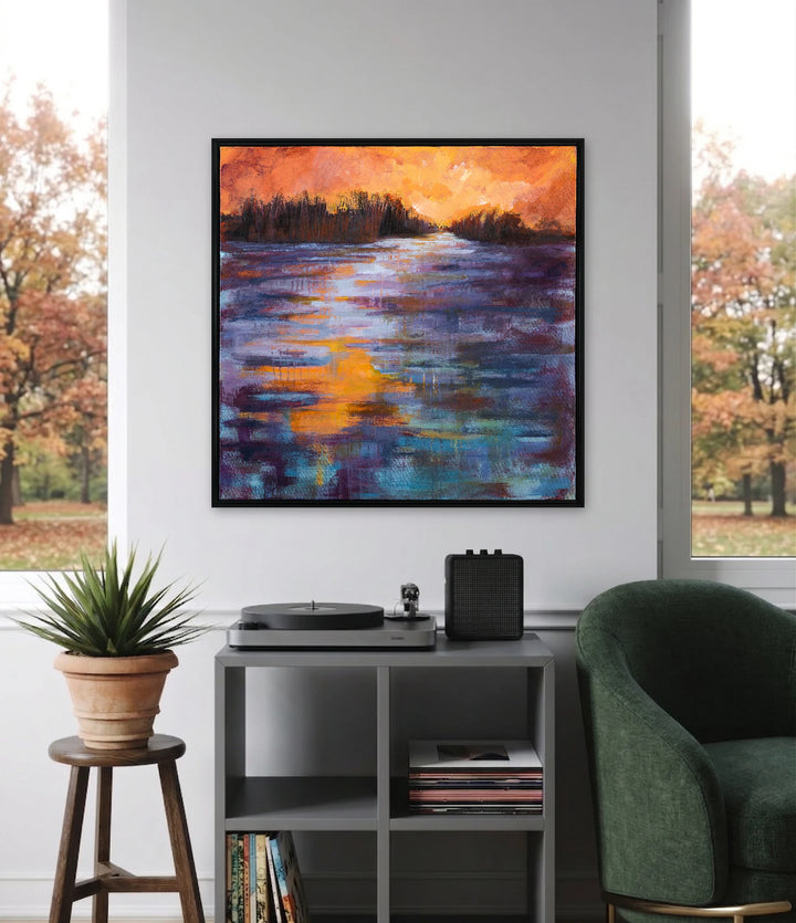 The artwork, Between Twilights Breath and Silent Depths, by Ann Flemings, displayed in a room.