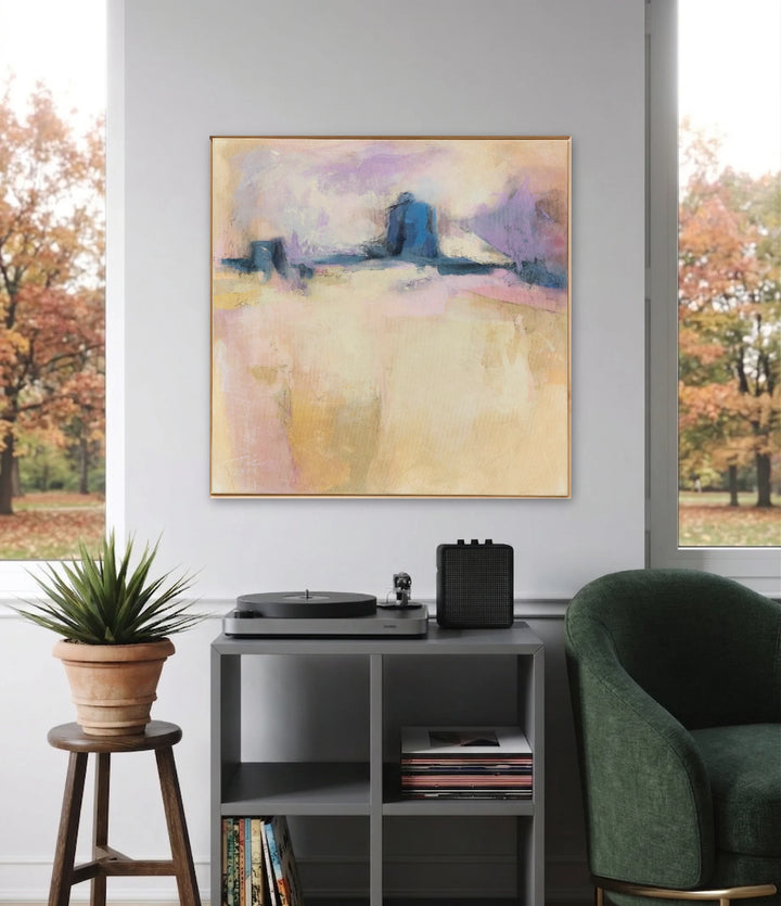 The artwork, Blue Haze Sighs, by Ann Flemings, displayed in a room.