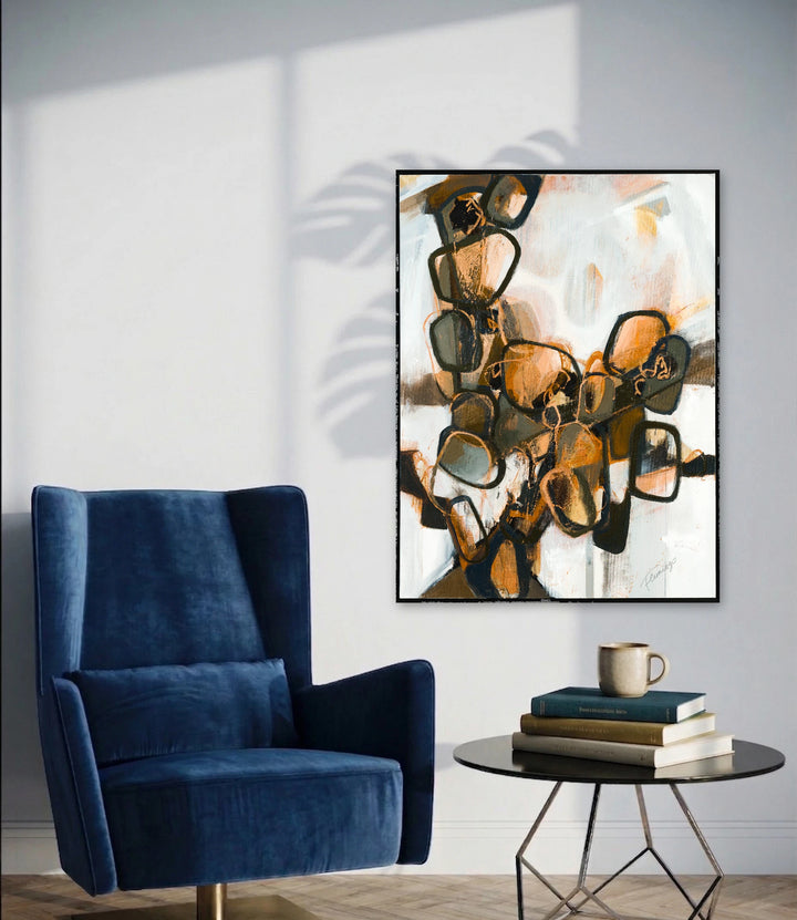 The artwork, Bronze Flowing Through Rusted Veins, by Ann Flemings, displayed in a room.