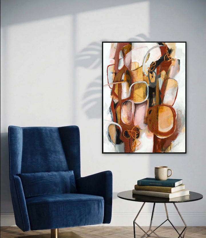 The artwork, Soft Currents Beneath Rusted Veins, by Ann Flemings, displayed in a room.