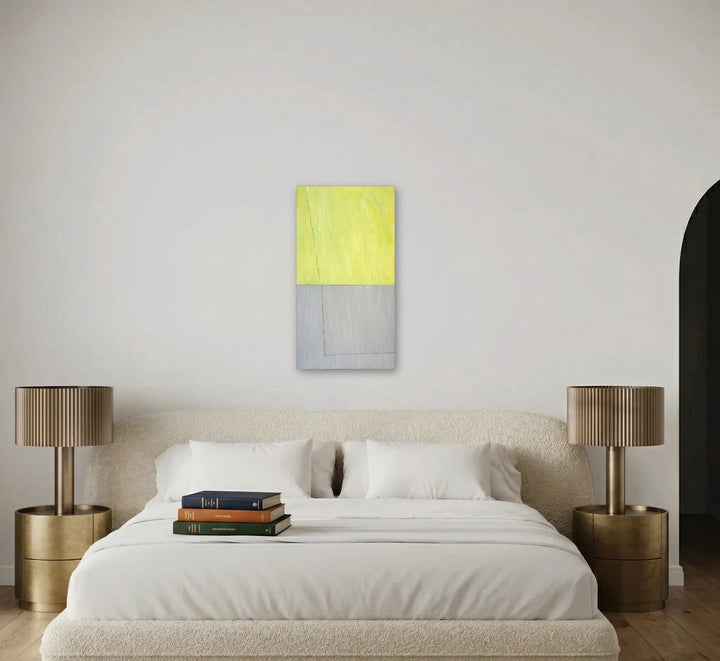 The artwork, Green and Grey Couple Diptych, by Francie Lyshak, displayed in a room.