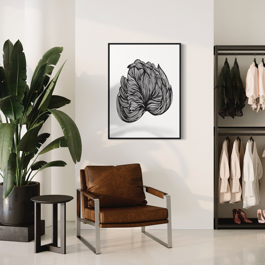 Light Gray Black Peony Linear Art
