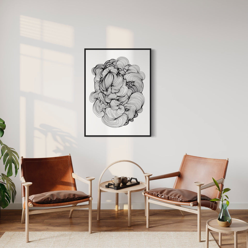 The artwork 'Infinity Linear Art' by Alina Glotova features a mesmerizing monochromatic abstract design with flowing curved lines creating a spiral-like pattern. The black and white print showcases fluid, organic shapes resembling smoke or clouds, swirling together in a continuous motion against a light background, framed in a sleek black frame.
