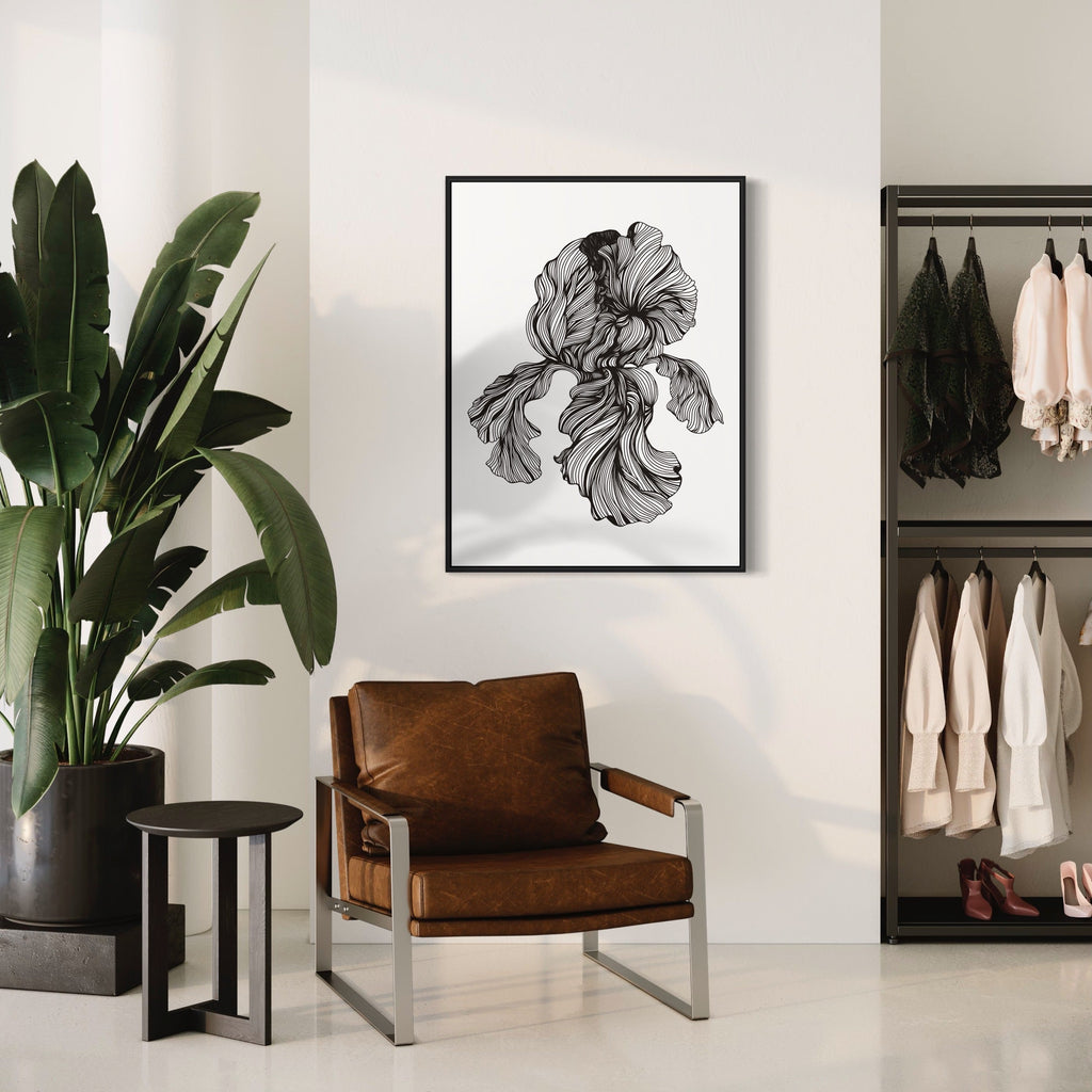 The artwork 'Iris Linear Drawing' by Alina Glotova features a minimalist black and white botanical illustration of an iris flower, rendered in delicate flowing lines. The intricate linear details capture the natural curves and ruffled petals characteristic of iris blooms, creating an elegant monochromatic wall art print measuring 40x30 inches.
