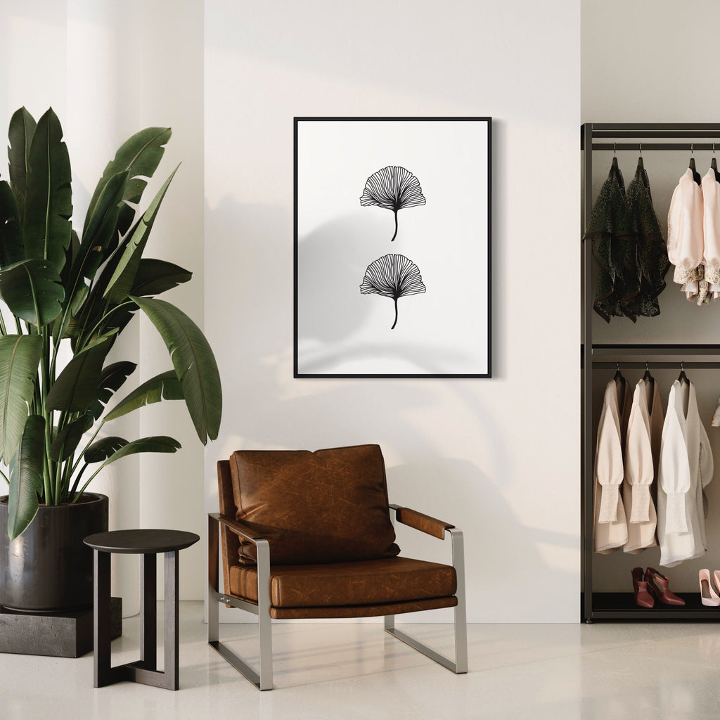 Leaf Set Linear Drawing by Alina Glotova features two identical minimalist black ginkgo leaf illustrations arranged vertically on white background. Each leaf displays intricate fan-shaped linear patterns with delicate parallel lines radiating from the stem, creating a sophisticated botanical line art design. 40x30 inches unframed print.