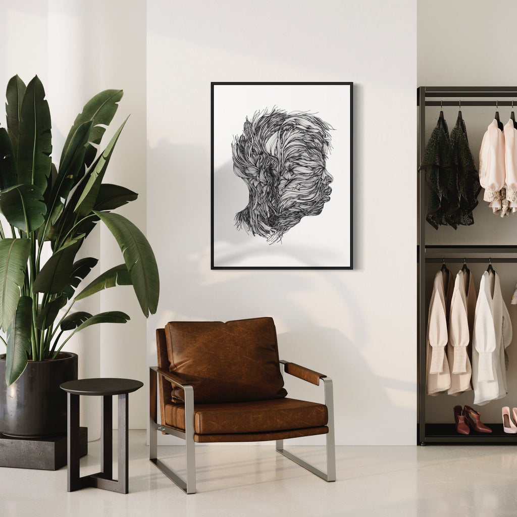 My Mind Linear Drawing by Alina Glotova features an intricate black and white profile silhouette composed of flowing, organic lines resembling windswept hair or natural forms. The minimalist artwork uses delicate linework to create a surreal, ethereal effect on white background, displaying as a 40x30 inch unframed print.