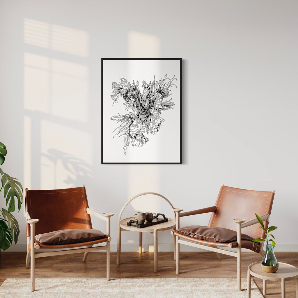 Night Rooster Linear Drawing by Alina Glotova features a minimalist black and white line art print depicting an abstract rooster form through delicate flowing lines and organic shapes. The artistic composition captures movement and grace in a modern, botanical-inspired style, presented in a sleek black frame against a white background, 40x30 inches.